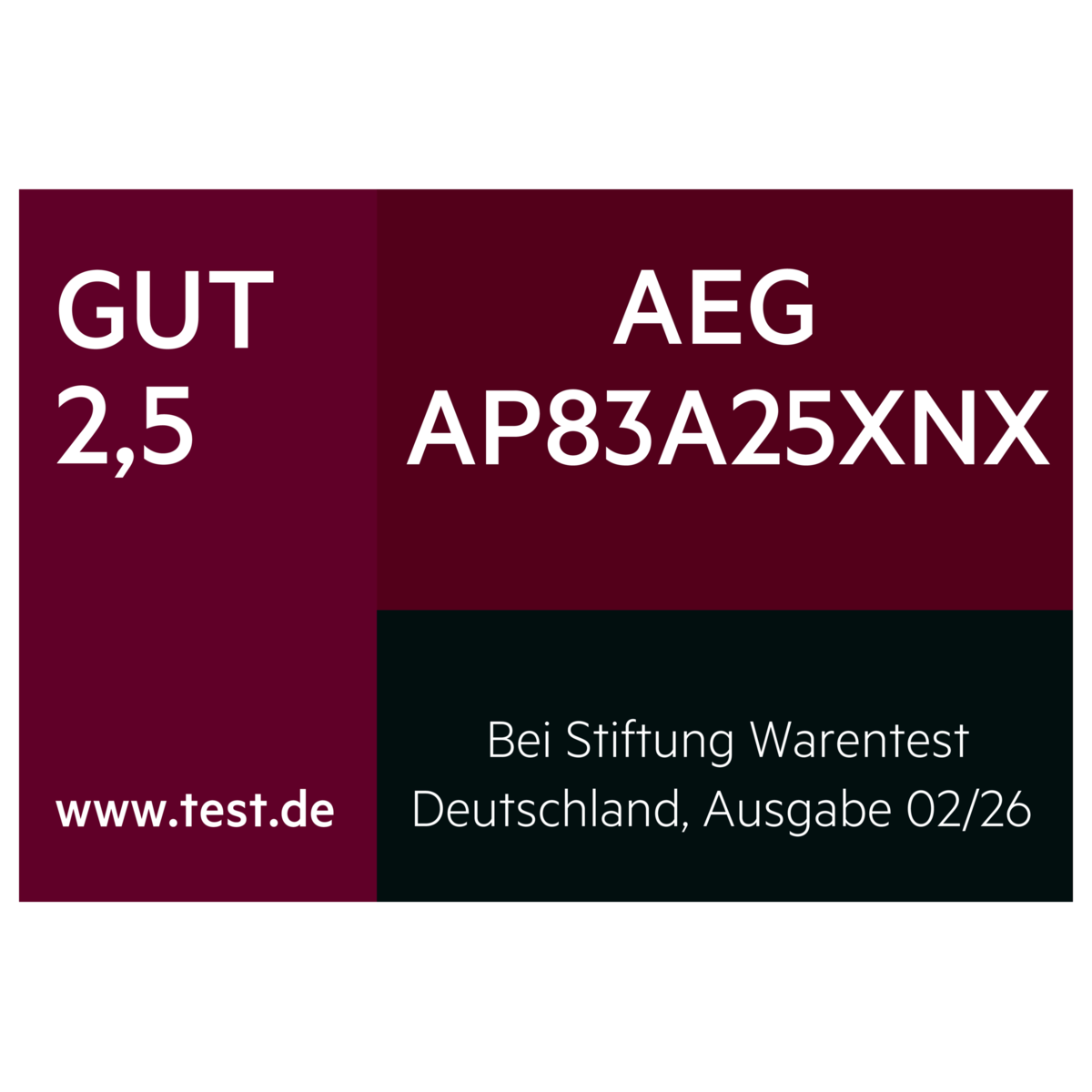 Logo mit dem Stiftung-Warentest Testergebnis aus Deutschland, GUT (2,5) für AEG AP83A25XNX, Ausgabe 02/2026.