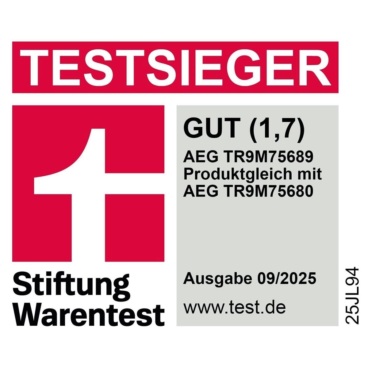Testsieger Stiftung Warentest: AEG TR9M75689 (baugleich mit TR9M75680), Note Gut (1,7), Ausgabe 09/2025