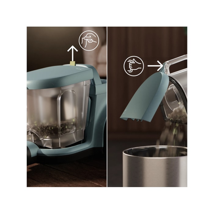 Vacuum cleaner with 2L dustbin designed for easy, spill-free emptying.
