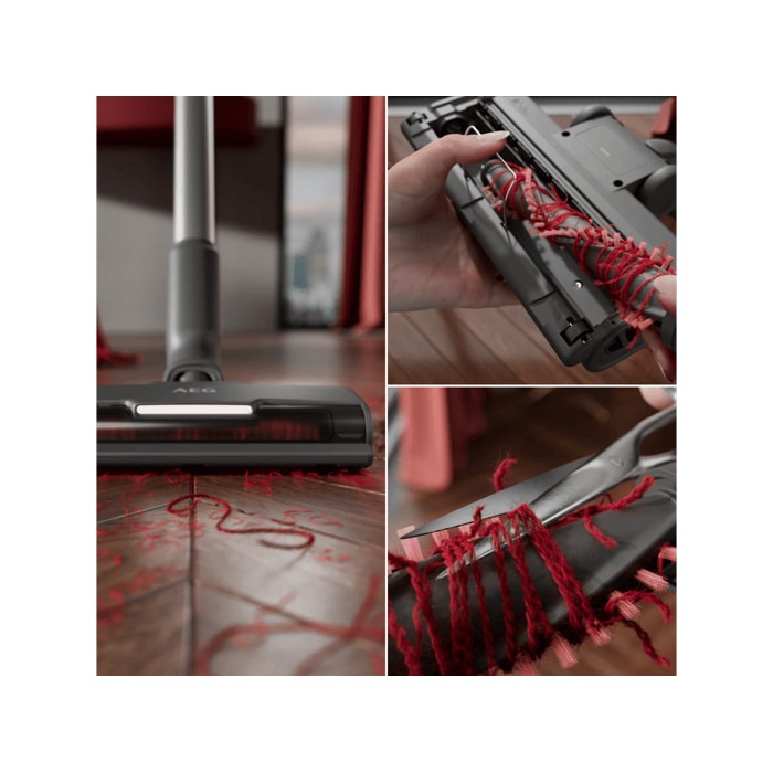 Cordless cleaner with removable brush roll for easy cleaning.