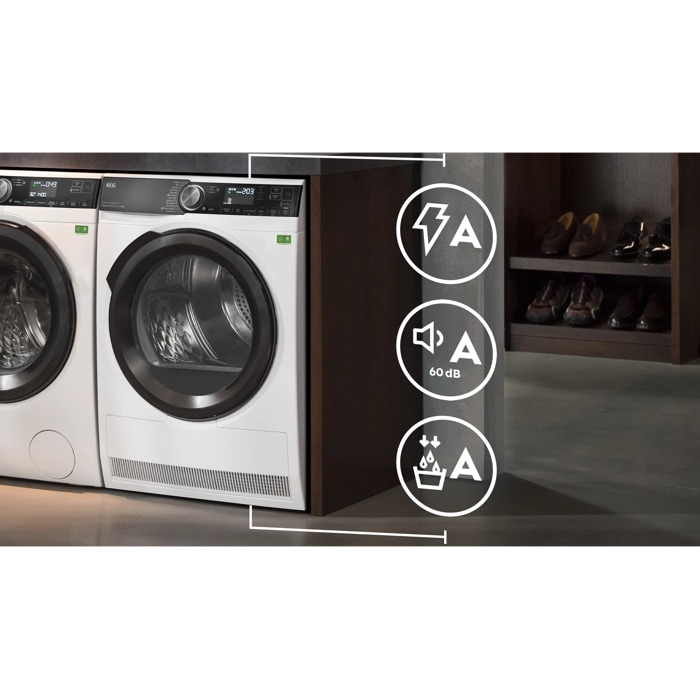 9000X series tumble dryer highlighting AAA benefits with A ratings for energy efficiency, low noise, and condensation control.