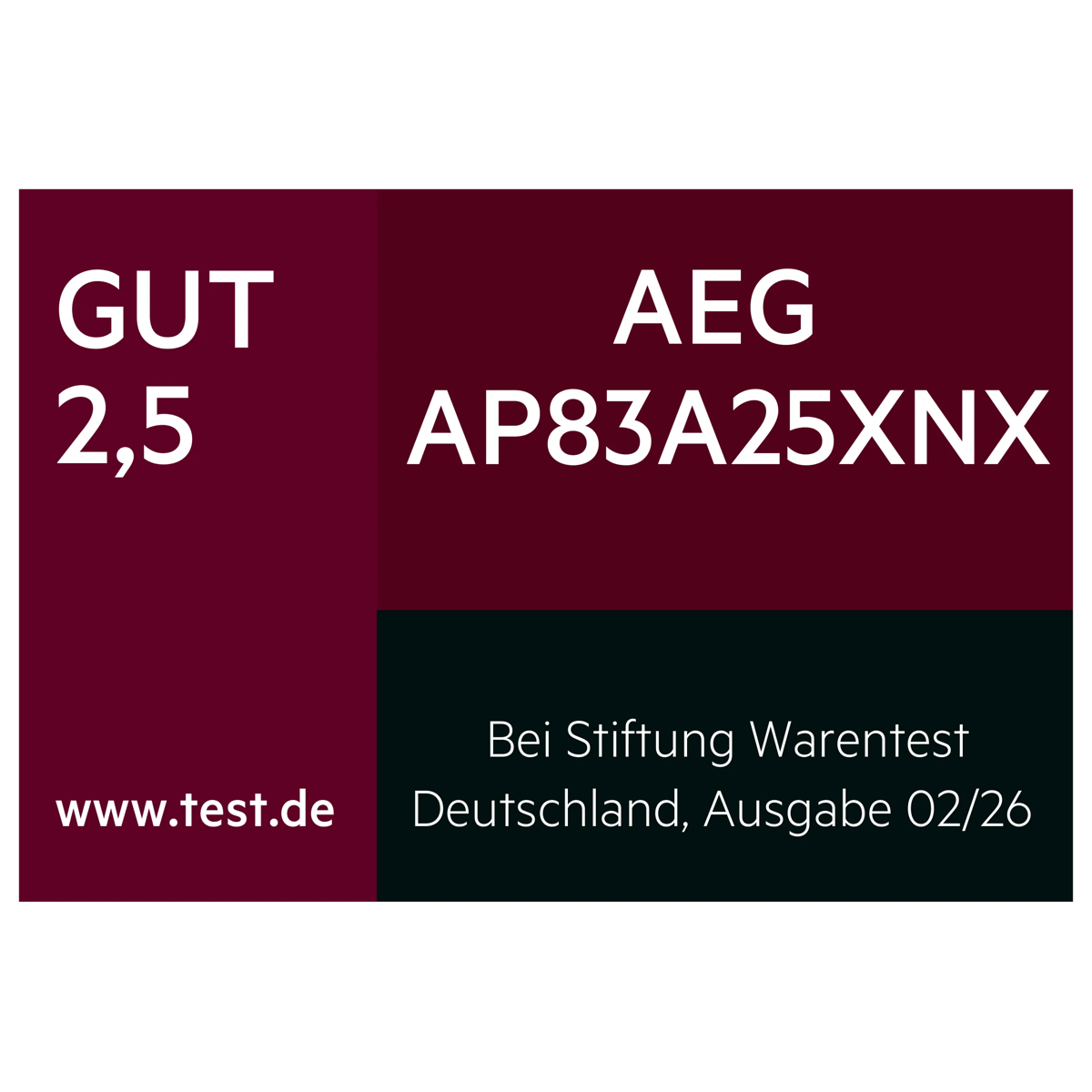 Logo mit dem Stiftung-Warentest Testergebnis aus Deutschland, GUT (2,5) für AEG AP83A25XNX, Ausgabe 02/2026.