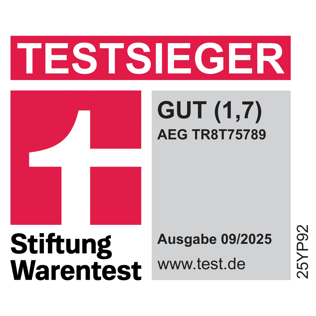 TESTSIEGER-Label von Stiftung Warentest für AEG TR8T75789, Bewertung GUT (1,7), Ausgabe 09/2025.
