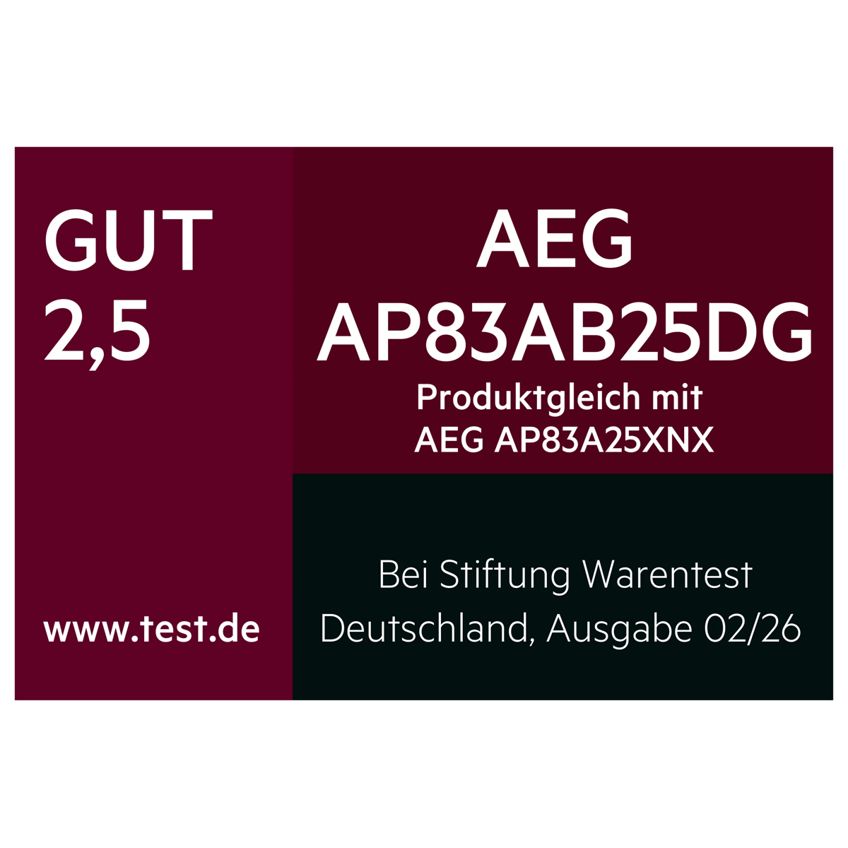 Logo mit dem Stiftung-Warentest Testergebnis aus Deutschland, GUT (2,5) für AEG AP83AB25DG.