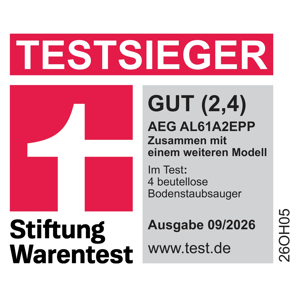 Stiftung-Warentest-Logo mit dem Urteil GUT (2,4) für AEG AL61A2EPP, Ausgabe 09/2026.