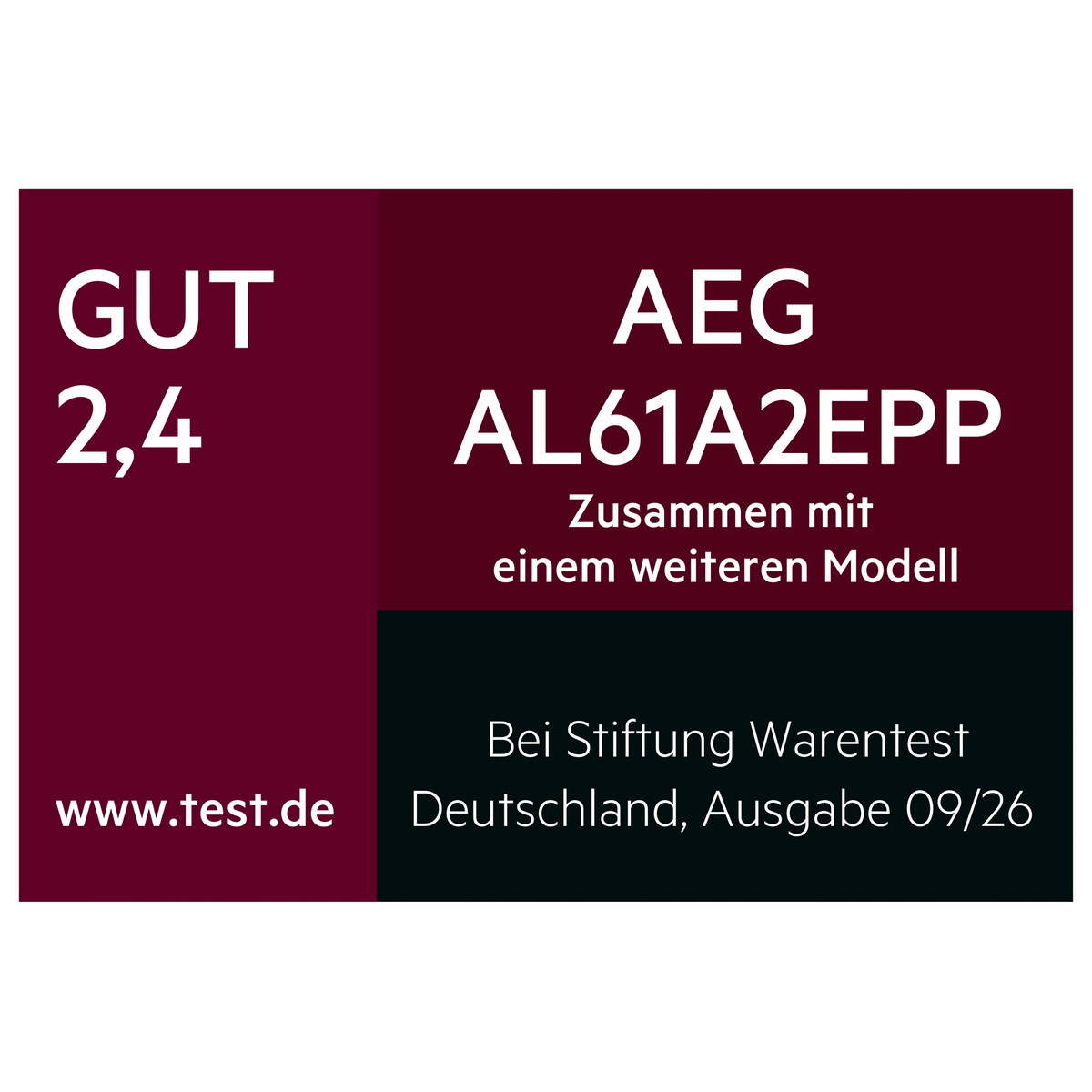 Stiftung-Warentest-Logo mit dem Urteil GUT (2,4) für AEG AL61A2EPP, Ausgabe 09/2026.