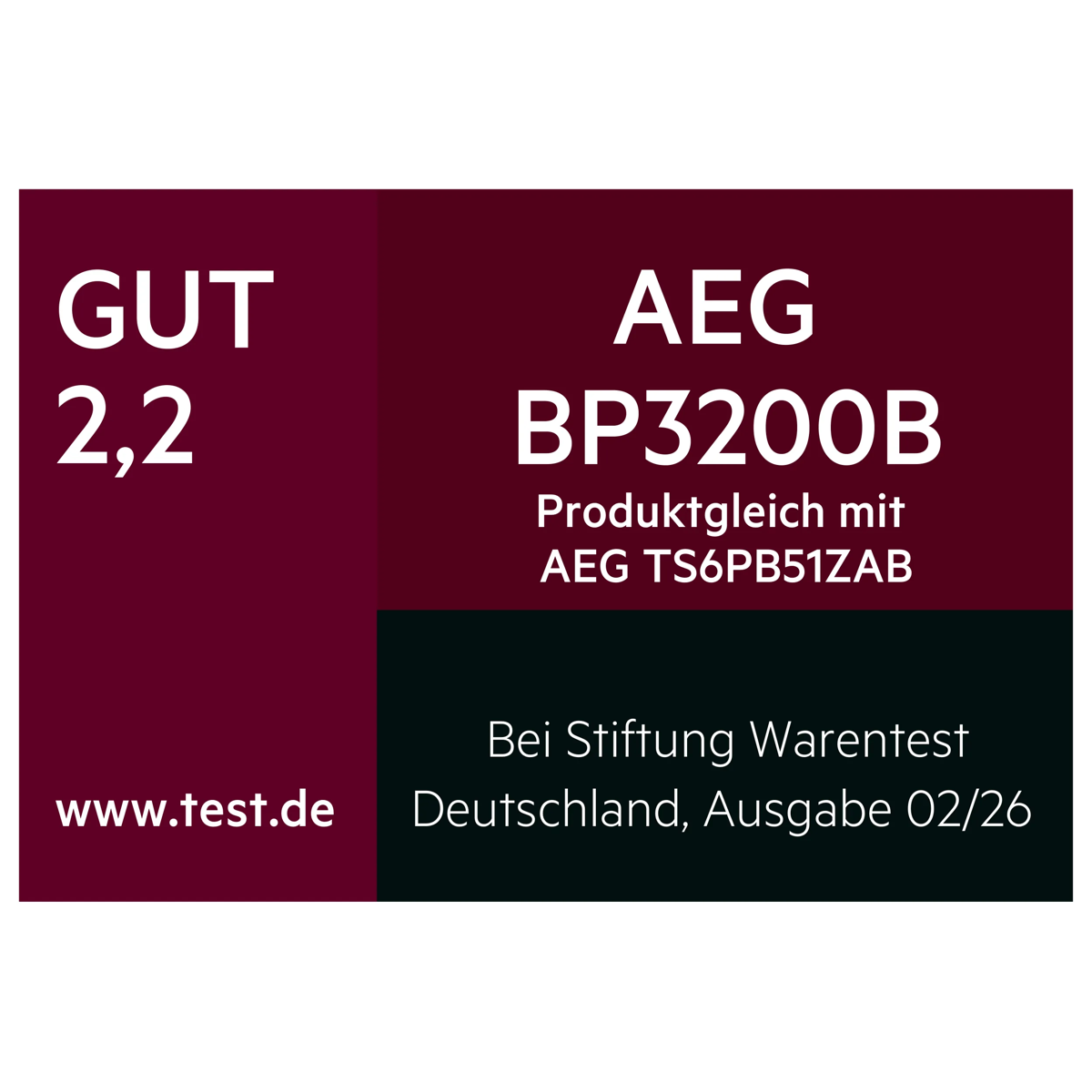 Logo mit dem Stiftung-Warentest Testergebnis aus Deutschland, GUT (2,2) für AEG BP3200B, Ausgabe 02/2026.