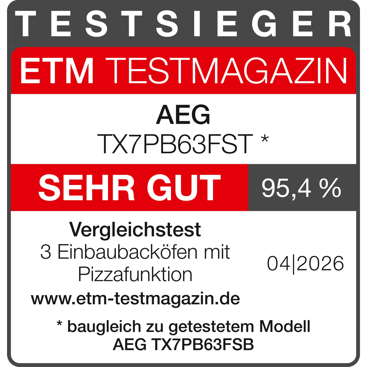 ETM-Testsieger-Logo mit dem Urteil Sehr gut (95,4%) für AEG TX7PB63FST, Ausgabe 04/2026.