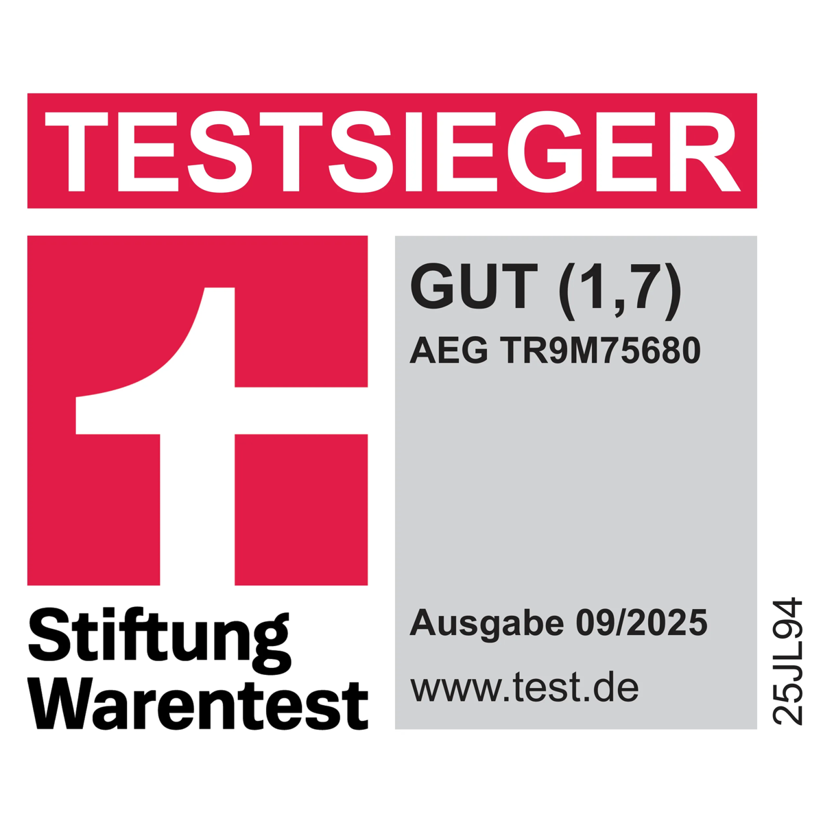 TESTSIEGER-Label von Stiftung Warentest für AEG TR9M75680, Bewertung GUT (1,7), Ausgabe 09/2025.