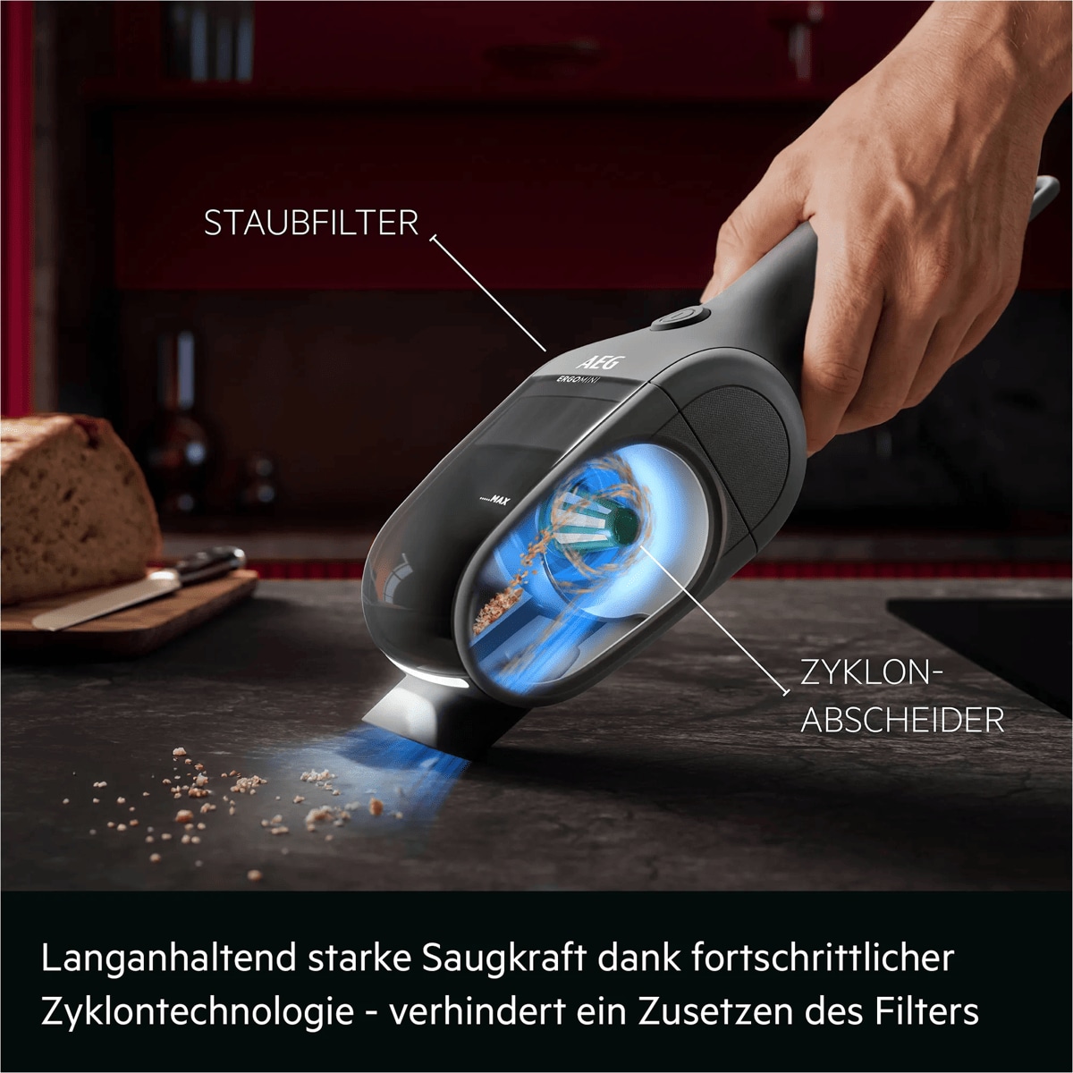 Langanhaltend starke Saugkraft dank fortschrittlicher Zyklontechnologie - verhindert ein Zusetzen des Filters