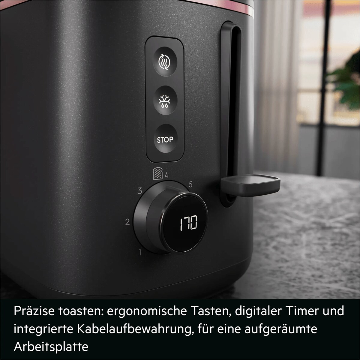 Präzise toasten: ergonomische Tasten, digitaler Timer und integrierte Kabelaufbewahrung, für eine aufgeräumte Arbeitsplatte