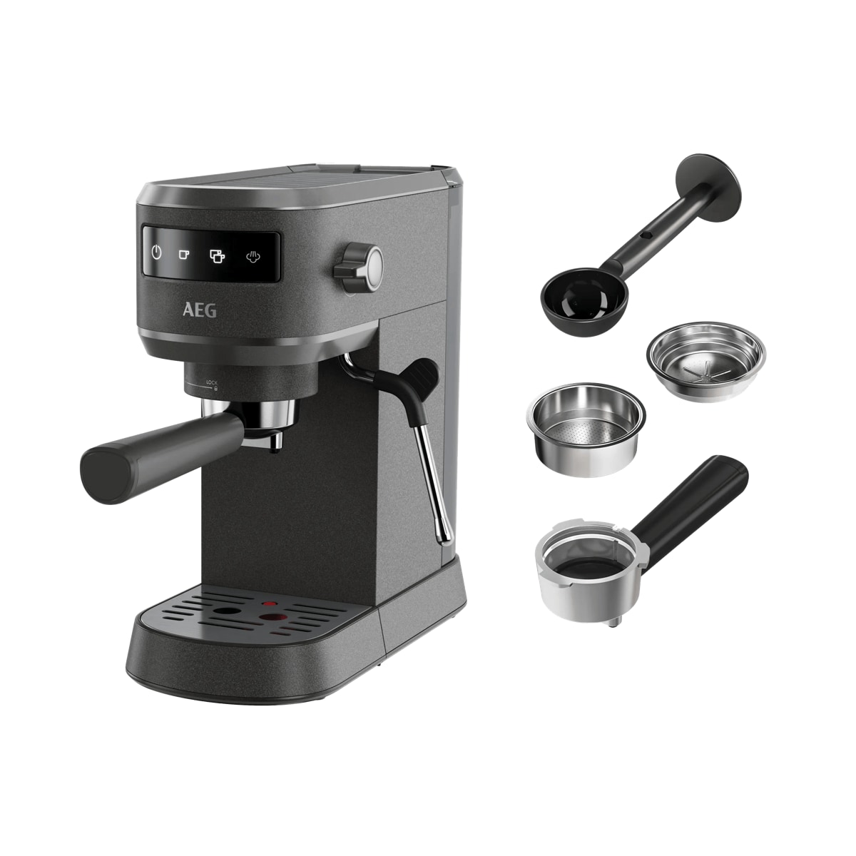 AEG EC6-1-6BST Espresso Siebträgermaschine / schmales Design / Thermoblock Technologie / 15 bar / 3 Einsätze für 1-2 Tassen & ESE Pads / Touch Bedienfeld / Milchschaumdüse / 1 l Wassertank / schwarz