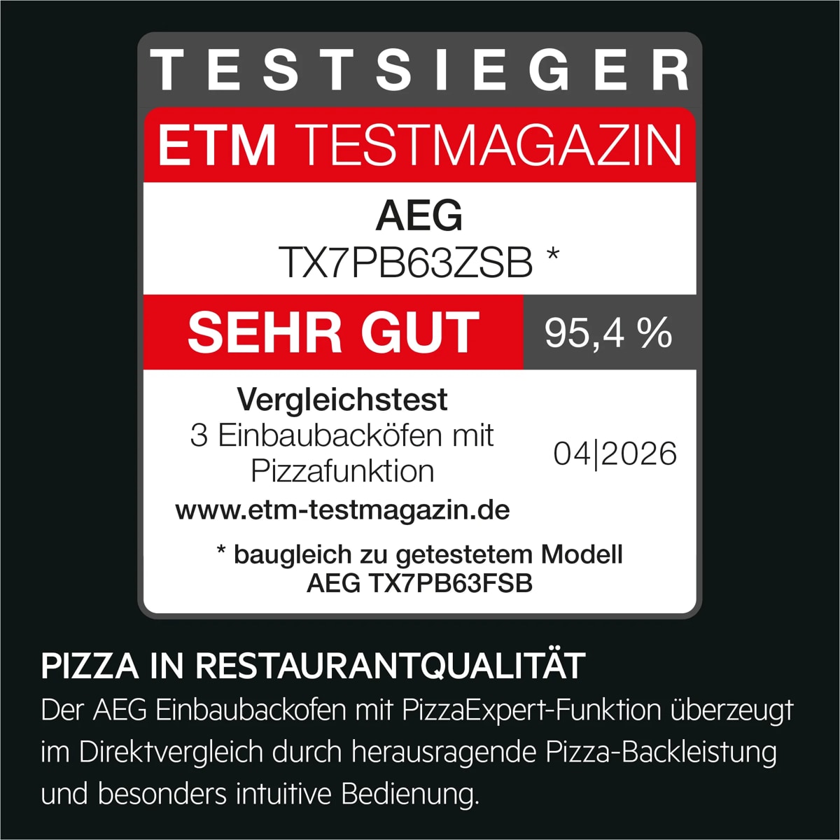 ETM-Testsieger-Logo mit dem Urteil Sehr gut (95,4%) mit Produkttext zum AEG Einbaubackofen mit Pizzafunktion, TX7PB63ZSB.