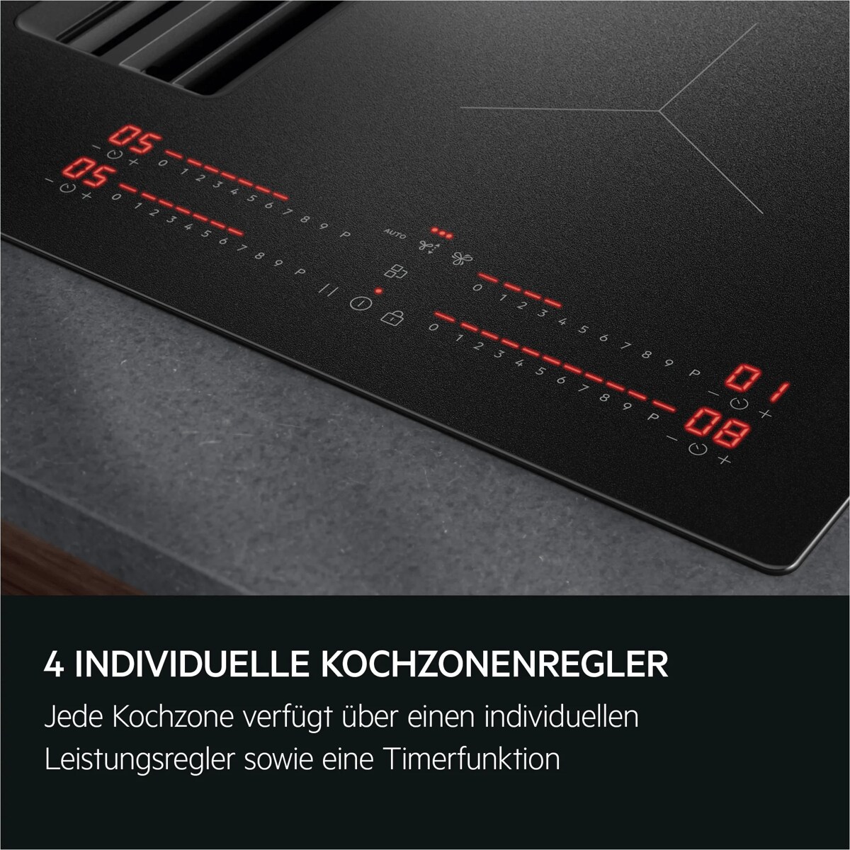 Nahaufnahme eines Induktionskochfelds mit vier getrennten Touch‑Leistungsreglern und roten LED‑Anzeigen.