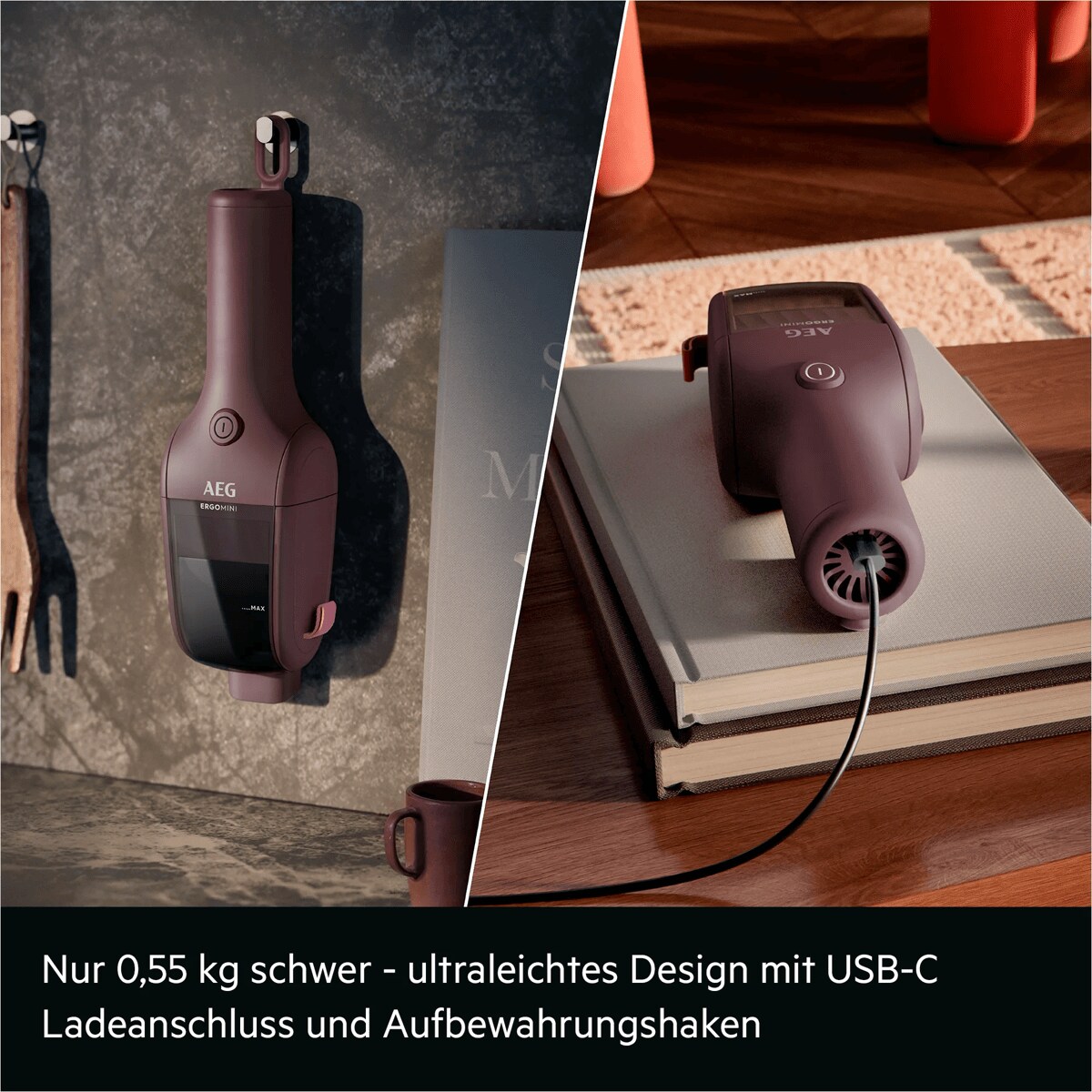 Nur 0,55 kg schwer - ultraleichtes Design mit USB-C Ladeanschluss und Aufbewahrungshaken