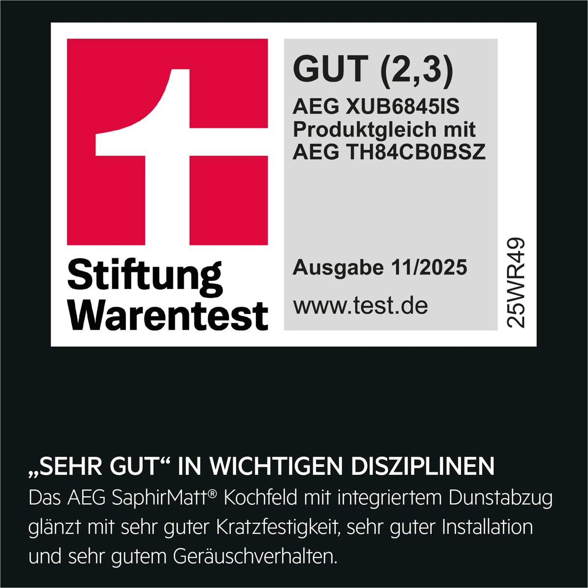 Titel: Testurteil für AEG XUB6845IS baugleich mit AEG TH84CB0BSZ
Bewertung: GUT (Note 2,3)
Quelle: Stiftung Warentest
Ausgabe: November 2025
Webseite: www.test.de
Produktcode: 25WR49
