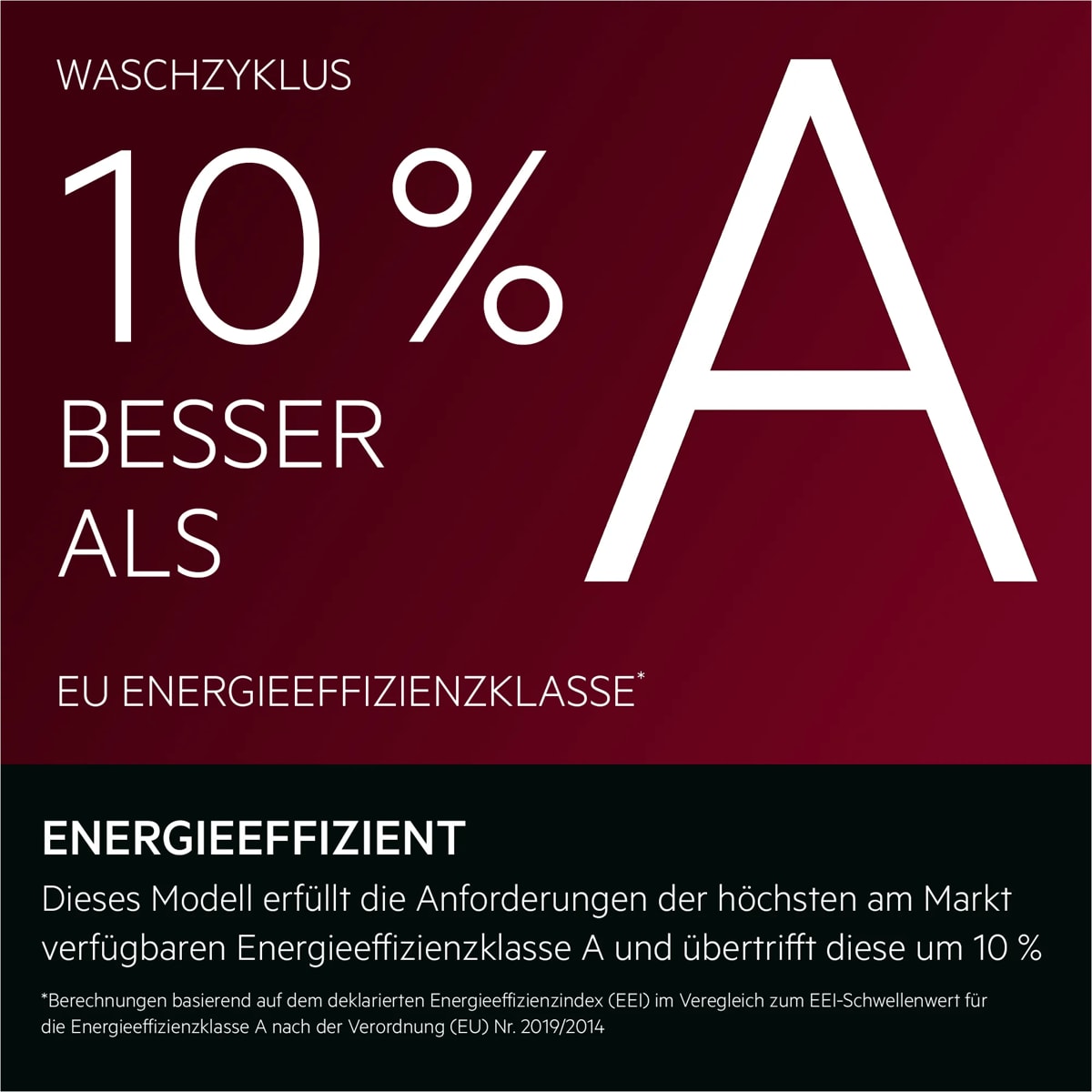 ENERGIEEFFIZIENT
Dieses Modell erfüllt die Anforderungen der höchsten am Markt verfügbaren Energieeffizienzklasse A und übertrifft diese um 10 %
*Berechnungen basierend auf dem deklarierten Energieeffizienzindex (EEI) im Veregleich zum EEI-Schwellenwert für
die Energieeffizienzklasse A nach der Verordnung (EU) Nr. 2019/2014.