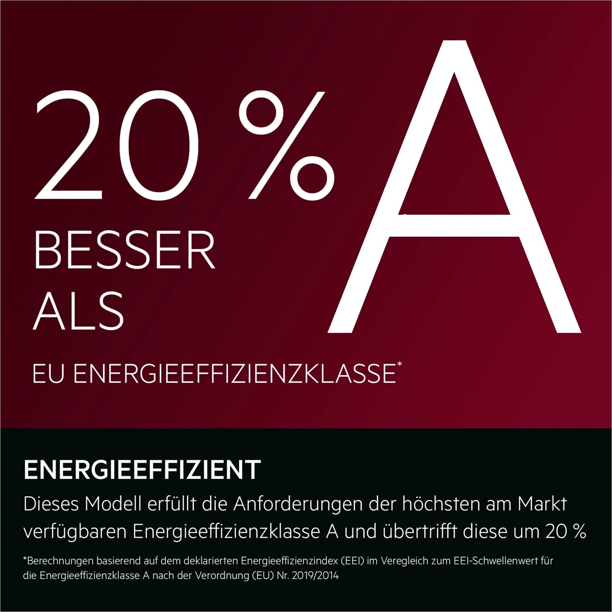 ENERGIEEFFIZIENT
Dieses Modell erfüllt die Anforderungen der höchsten am Markt verfügbaren Energieeffizienzklasse A und übertrifft diese um 20 %
*Berechnungen basierend auf dem deklarierten Energieeffizienzindex (EEI) im Veregleich zum EEI-Schwellenwert für
die Energieeffizienzklasse A nach der Verordnung (EU) Nr. 2019/2014.