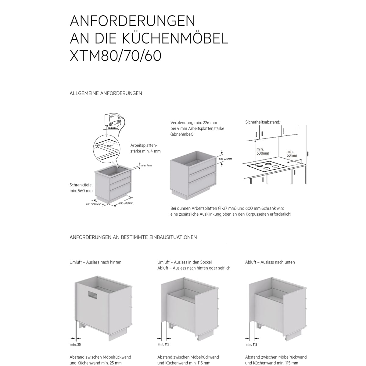 Übersicht zu allgemeinen und einbauspezifischen Anforderungen an Küchenmöbel für Muldenlüfter XTM 80/70/60 mit Maßangaben.