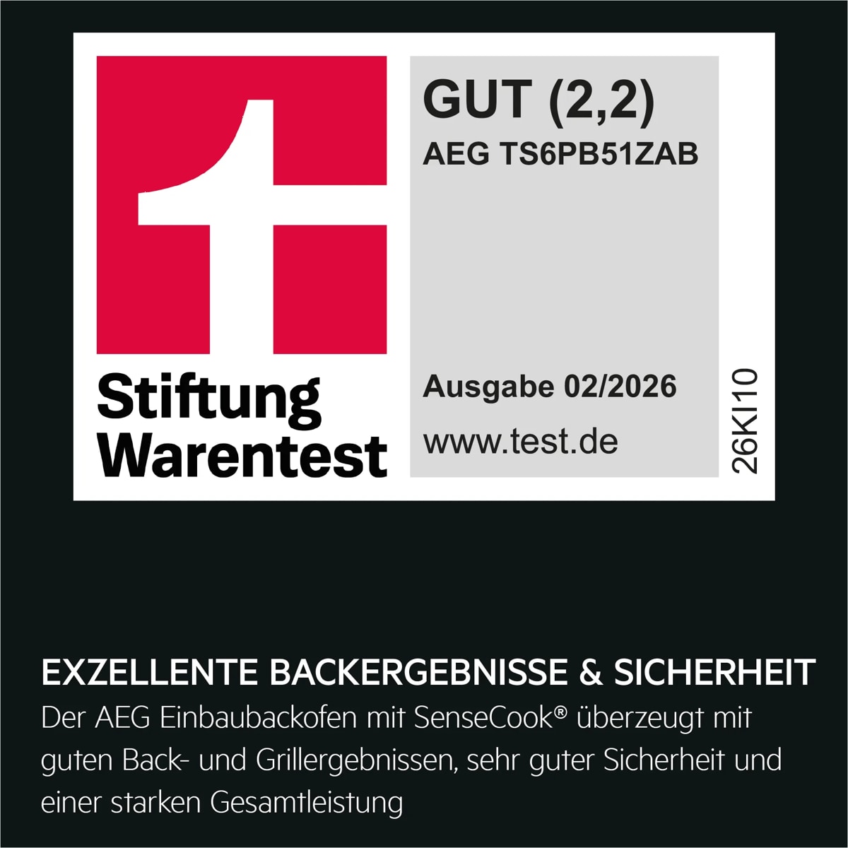 Stiftung‑Warentest‑Siegel GUT (2,2) mit Produkttext zum AEG Backofen.