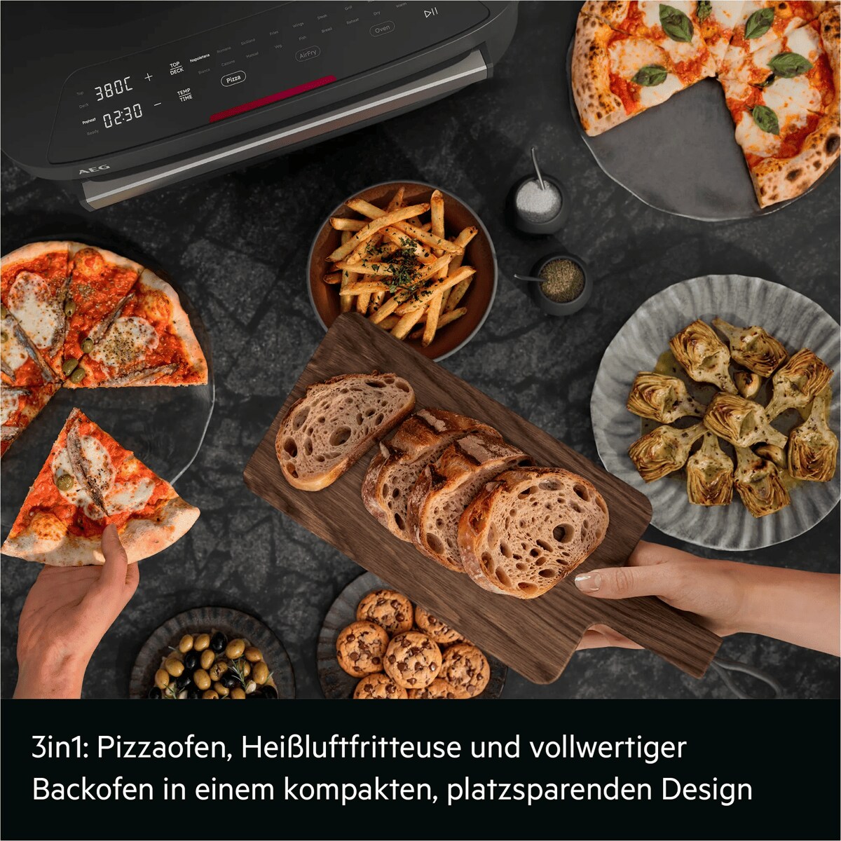3in1: Pizzaofen, Heißluftfritteuse und vollwertiger Backofen in einem kompakten, platzsparenden Design