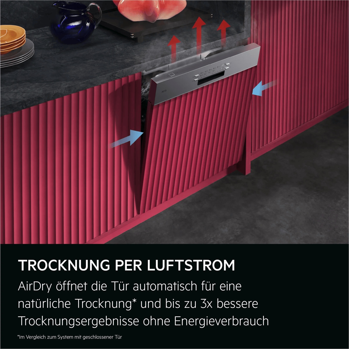 TROCKNUNG PER LUFTSTROM.
AirDry öffnet die Tür automatisch für eine natürliche Trocknung* und bis zu 3x bessere Trocknungsergebnisse ohne Energieverbrauch.
*Im Vergleich zum System bei geschlossener Tür.