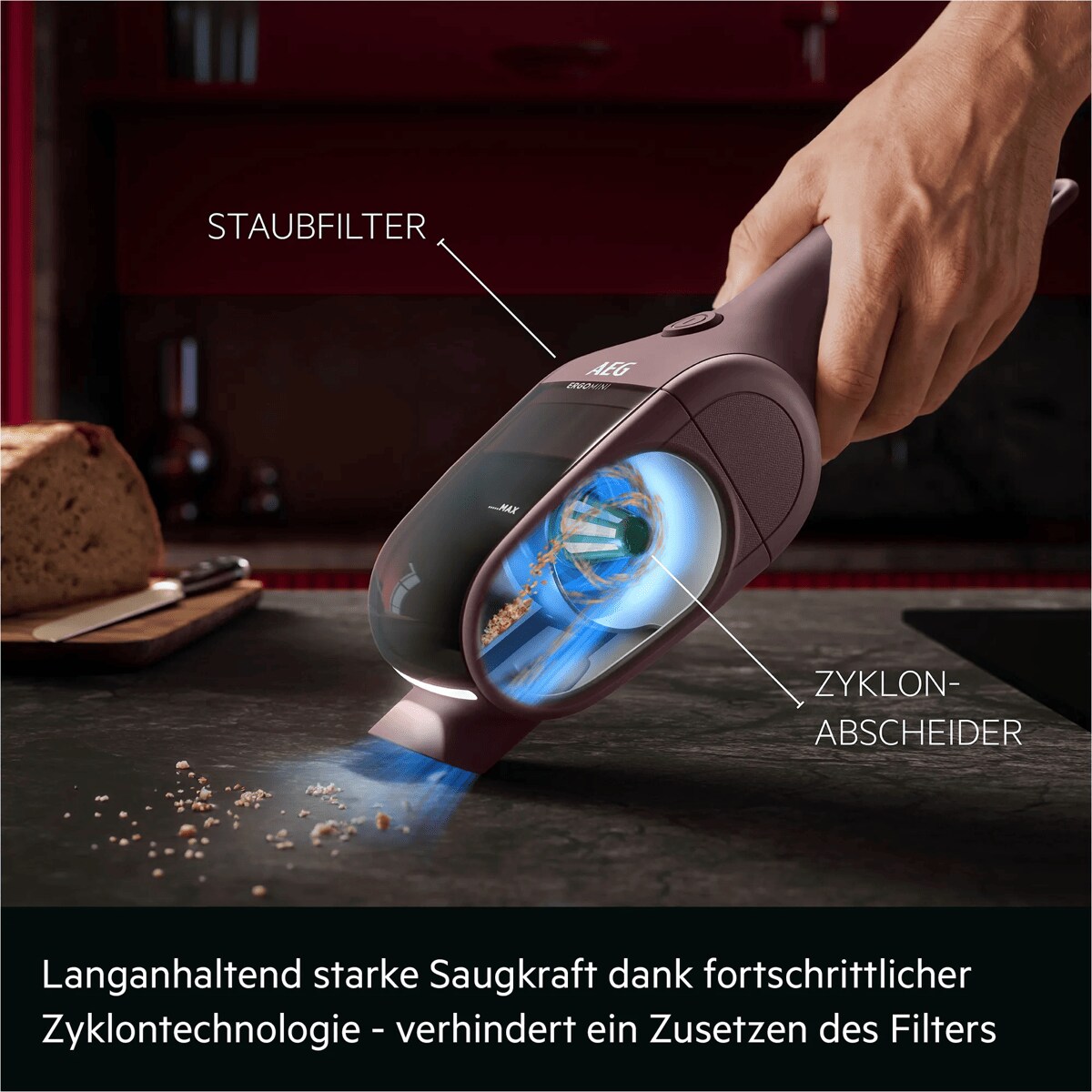 Langanhaltend starke Saugkraft dank fortschrittlicher Zyklontechnologie - verhindert ein Zusetzen des Filters