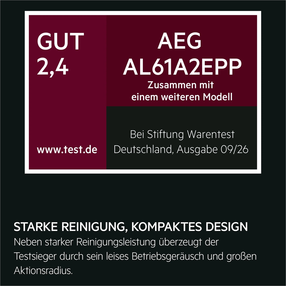 Stiftung‑Warentest‑Siegel GUT (2,4) mit Produkttext zum AEG Staubsauger ohne Beutel.