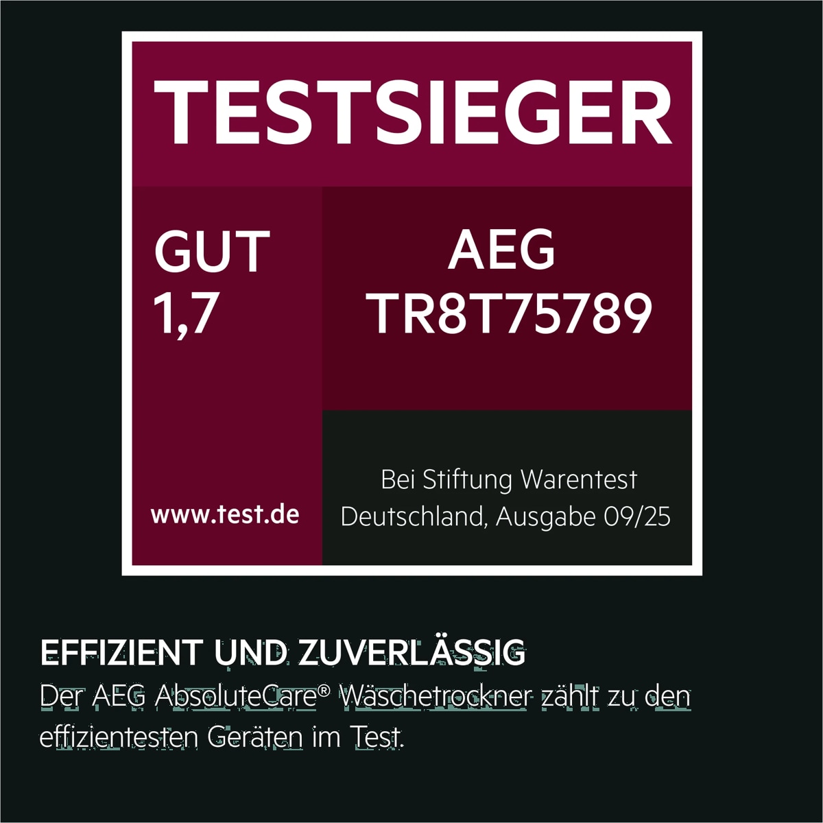 Testsieger Stiftung Warentest: AEG TR8T75789, Note Gut (1,7), effizient und zuverlässig, Ausgabe 09/2025.