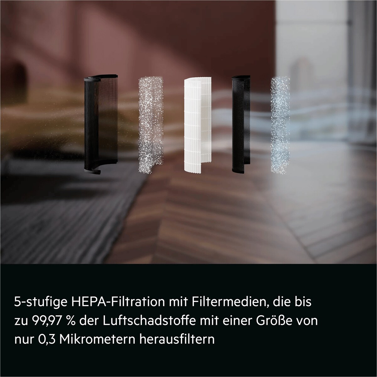 5-stufige HEPA-Filtration mit Filtermedien, die bis zu 99,97 % der Luftschadstoffe mit einer Größe von nur 0,3 Mikrometern herausfiltern