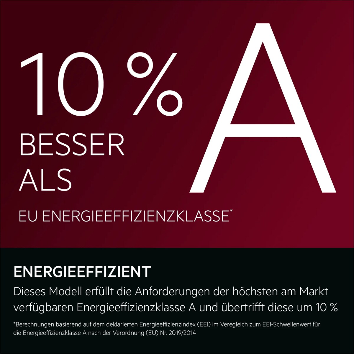 ENERGIEEFFIZIENT
Dieses Modell erfüllt die Anforderungen der höchsten am Markt verfügbaren Energieeffizienzklasse A und übertrifft diese um 10 %
*Berechnungen basierend auf dem deklarierten Energieeffizienzindex (EEI) im Veregleich zum EEI-Schwellenwert für
die Energieeffizienzklasse A nach der Verordnung (EU) Nr. 2019/2014.