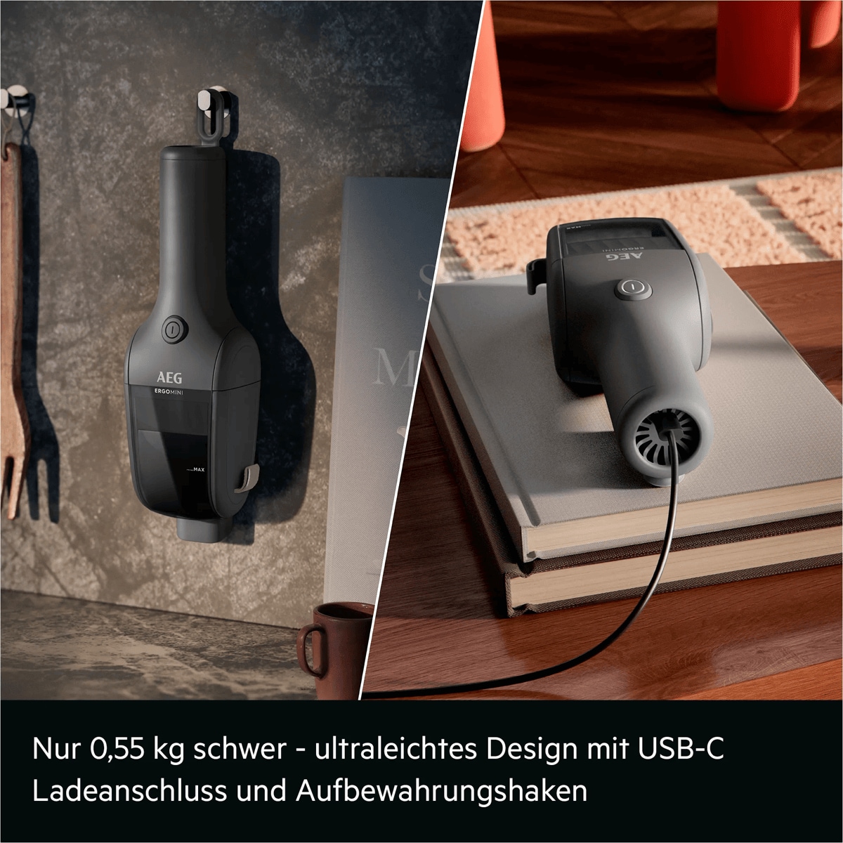 Nur 0,55 kg schwer - ultraleichtes Design mit USB-C Ladeanschluss und Aufbewahrungshaken