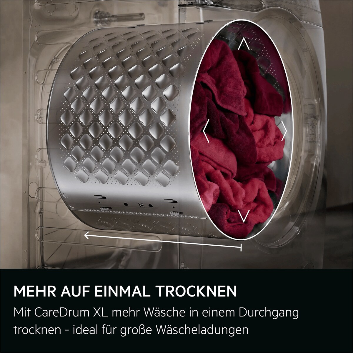 Mehr auf einmal trocknen
Mit CareDrum XL mehr Wäsche in einem Durchgang trocknen - ideal für große Wäscheladungen