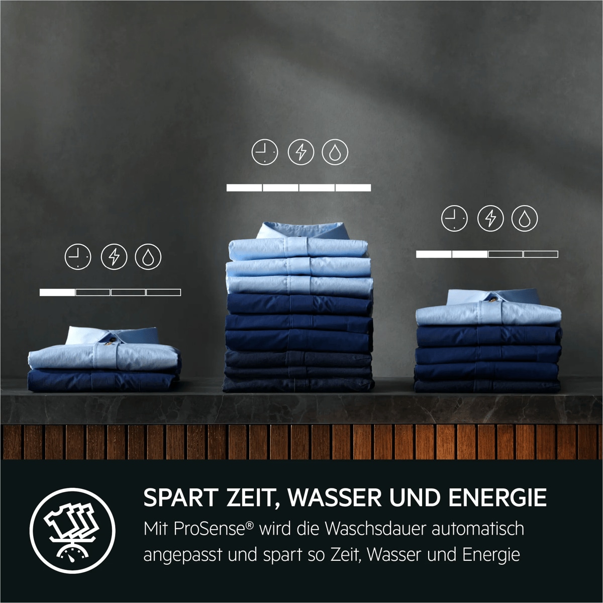 Drei Wäschestapel mit Symbolen für Zeit-, Wasser- und Energieeinsparung durch ProSense®.