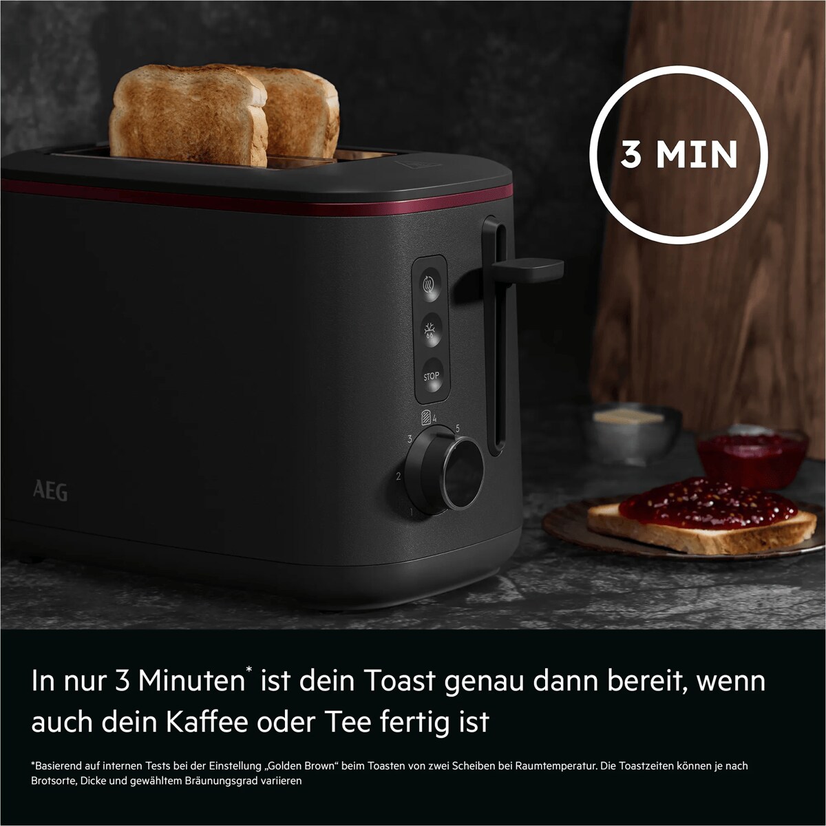 In nur 3 Minuten* ist dein Toast genau dann bereit, wenn auch dein Kaffee oder Tee fertig ist     *Basierend auf internen Tests bei der Einstellung „Golden Brown“ beim Toasten von zwei Scheiben bei Raumtemperatur. Die Toastzeiten können je nach Brotsorte, Dicke und gewähltem Bräunungsgrad variieren.  3 min