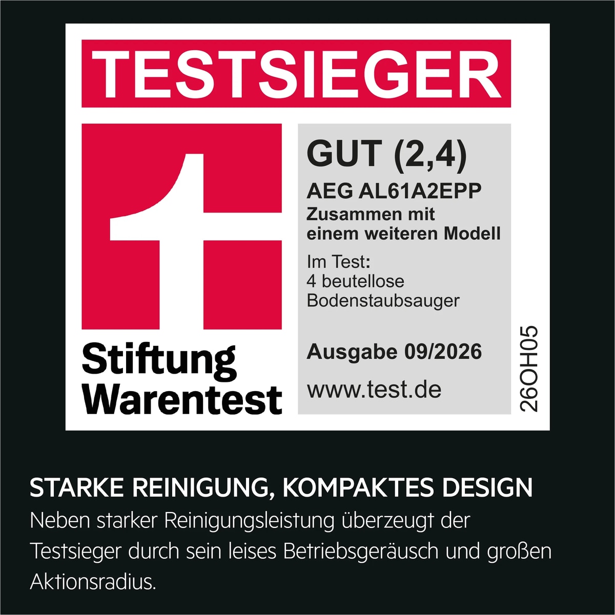 Stiftung‑Warentest‑Siegel GUT (2,4) mit Produkttext zum AEG Staubsauger ohne Beutel.