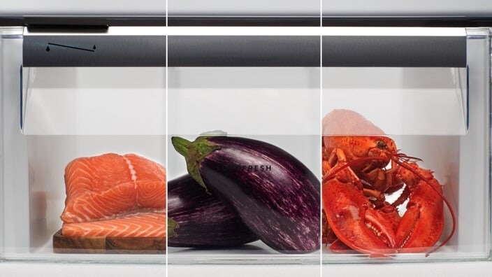 Gemüse und Fisch im Kühlschrank