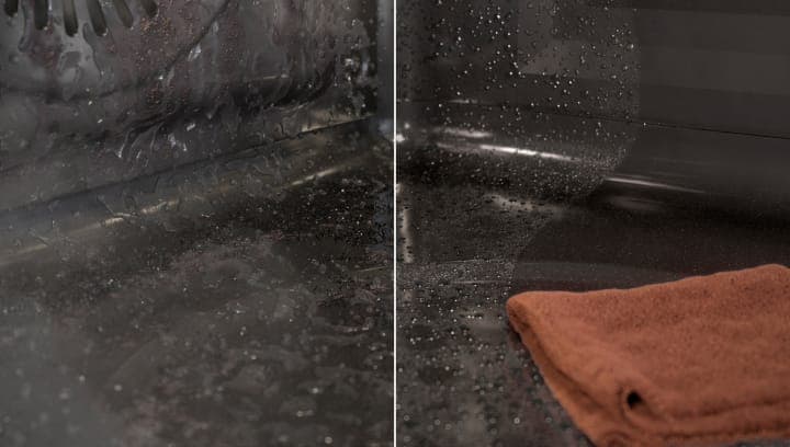 Ein verschmutzter Backofen wird mit Hilfe von Dampf gereinigt.