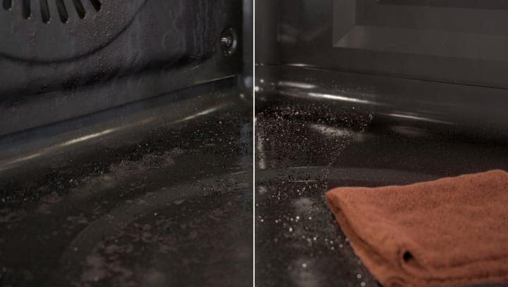 Ein verschmutzter Backofen wird mit der Pyrolyse-Selbstreinigungsfunktion gereinigt.