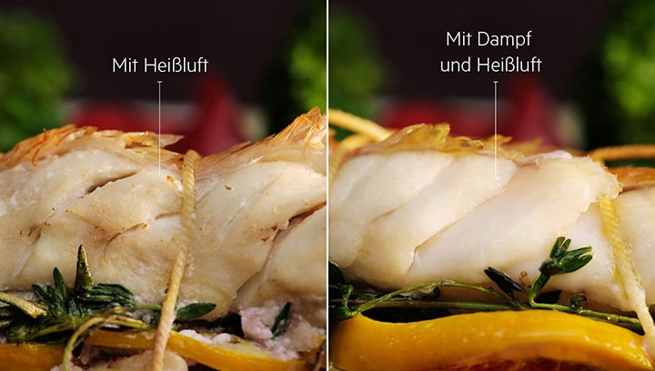 Die linke Seite des Bildes zeigt kochen mit Heißluft während auf der rechten Seite mit Heißluft und Dampf gekocht wird.