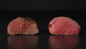 Vergleichsbild mit zwei Rinderbraten. Das dampfgegarte Bratenstück ist größer und saftiger.
