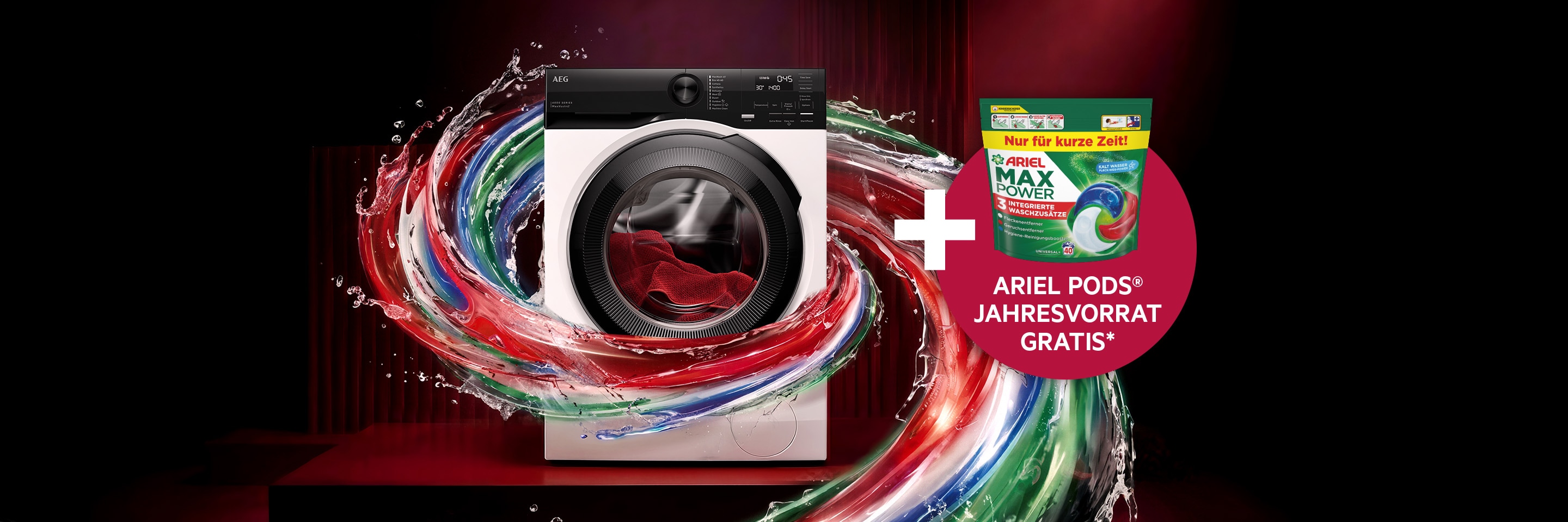 AEG Waschmaschine mit farbigem Wasserstrudel und Ariel Max Power Pods Jahresvorrat gratis – Aktionsbanner