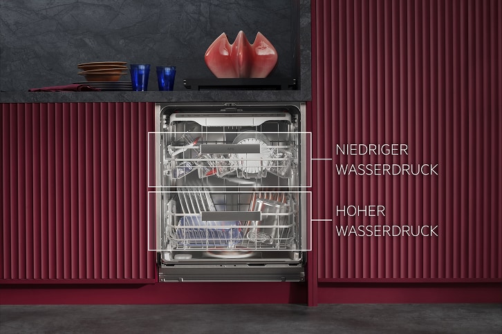 Geöffneter Geschirrspüler mit ZoneClean und Darstellung der Zonen mit hohem und niedrigem Wasserdruck