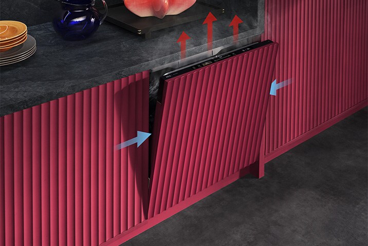 EG Geschirrsp&uuml;ler mit AirDry-Technologie &ndash; blaue Pfeile zeigen Frischluftzufuhr, rote Pfeile zeigen Feuchtigkeitsabzug nach oben