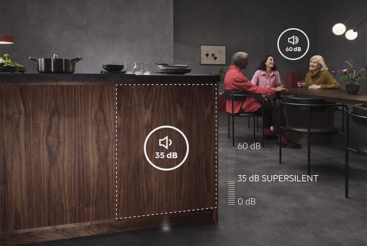 AEG Geschirrsp&uuml;ler Lautst&auml;rkevergleich &ndash; 35 dB SuperSilent Einbauger&auml;t vs. 60 dB Standardger&auml;t, Familie unterh&auml;lt sich ungest&ouml;rt