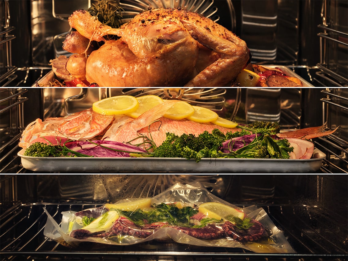 EG Backofen mit drei Einschubebenen &ndash; gleichzeitiges Garen von ganzem H&auml;hnchen, Fisch mit Zitrone und Sous-vide-Oktopus