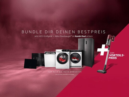 AEG Kombi-Deal mit Haushaltsgroßgeräten und Akku-Staubsauger zum Vorteilspreis vor rotem Hintergrund.