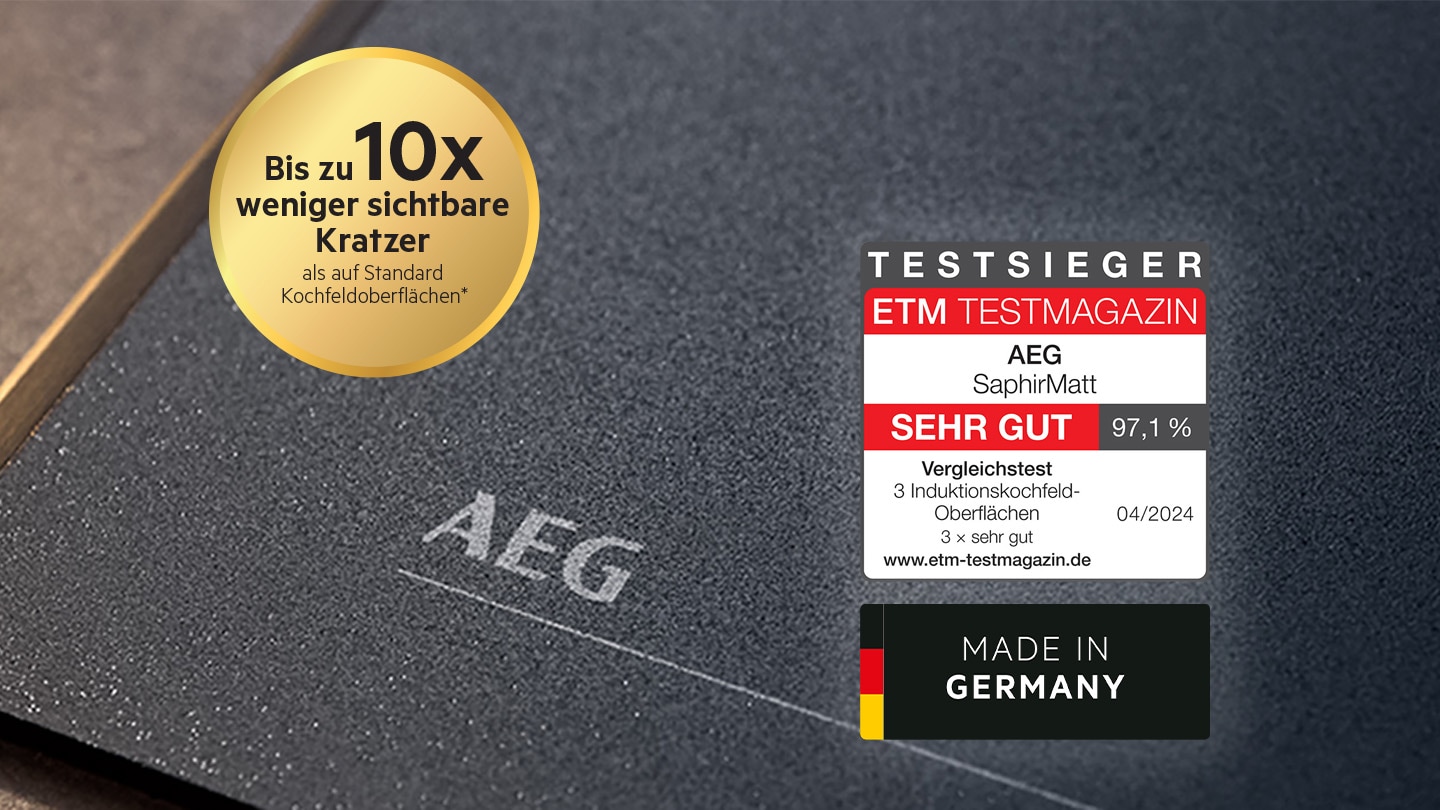 Induktionskochfeld mit SaphirMatt Oberfläche und zwei Logos Made in Germany und Test ETM Testmagazin