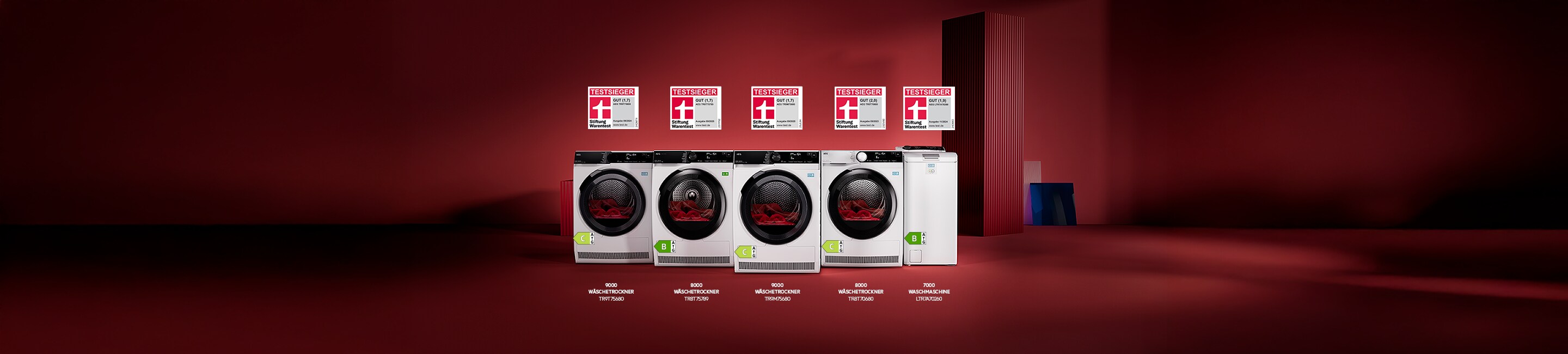 5 Wäschepflege-Geräte von AEG stehen in einem roten Raum
